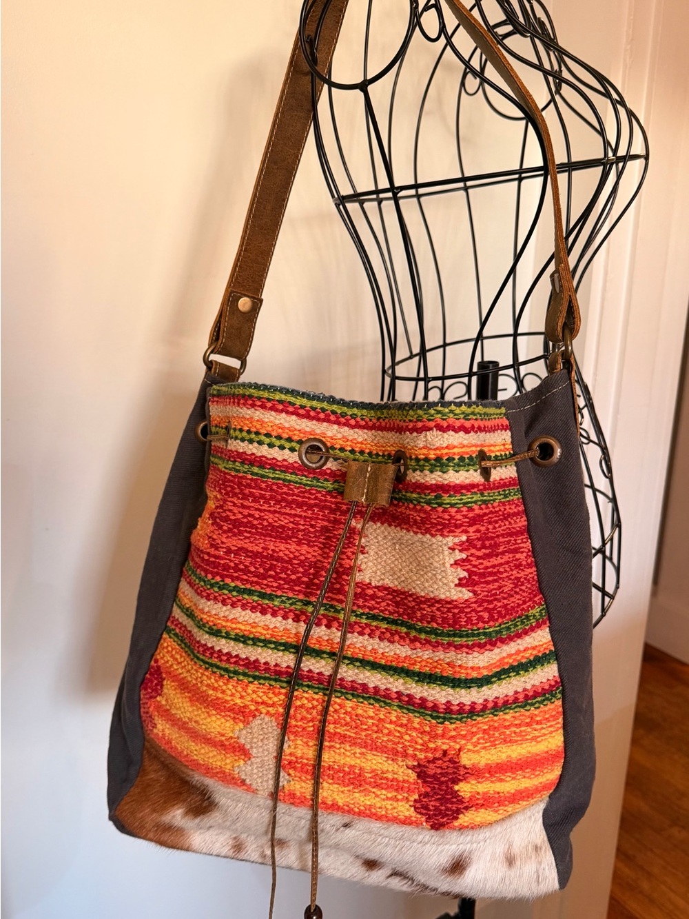 Myra Bag Multicolor Woven Drawstring Shoulder Bag with Brown Leather Strap